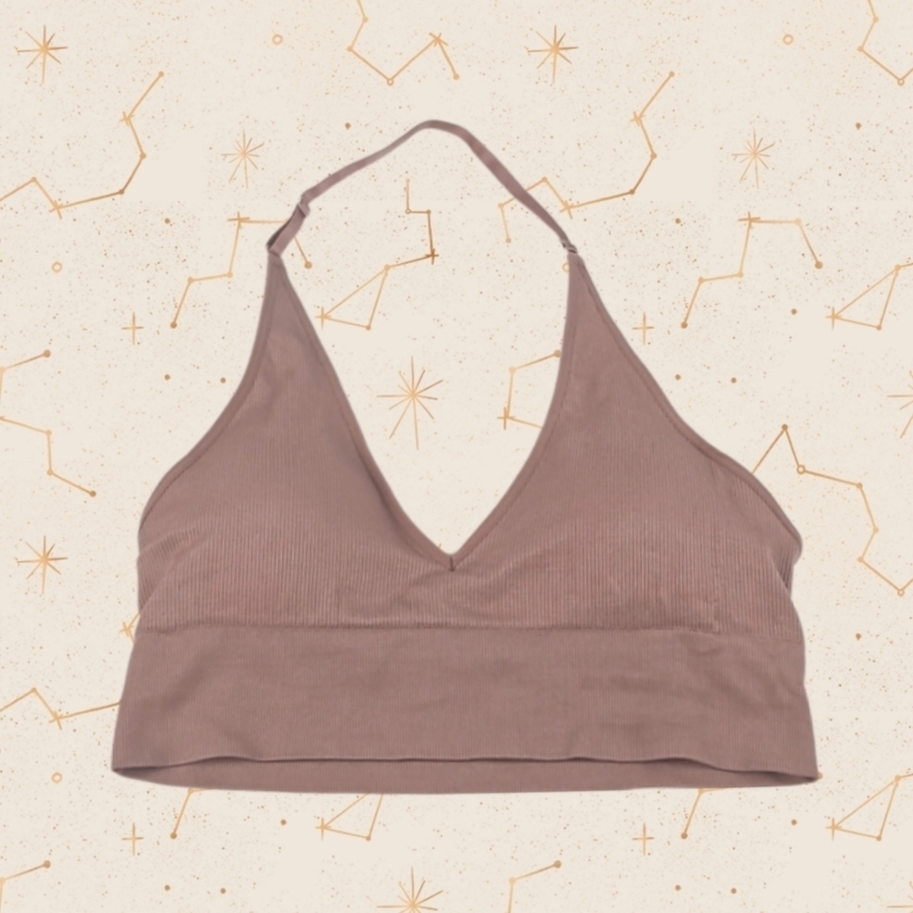 Lounge Bra in Rose Pink, Wireless Ribbed Halter Style, L